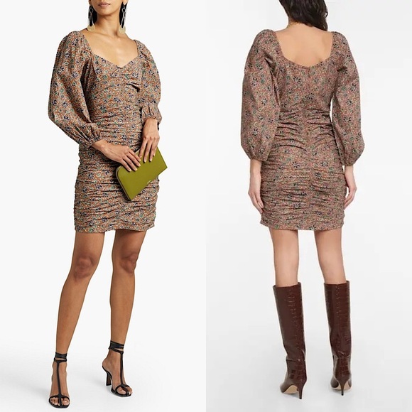 VERONICA BEARD Floral Paisley Sweetheart Neck Puff Long Sleeve Ruched Dress 4 - Picture 2 of 11